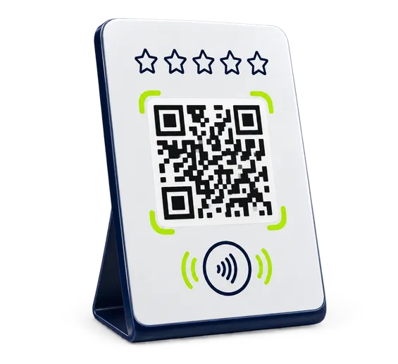 Display de sobremesa ReviewTap con código QR y símbolo NFC